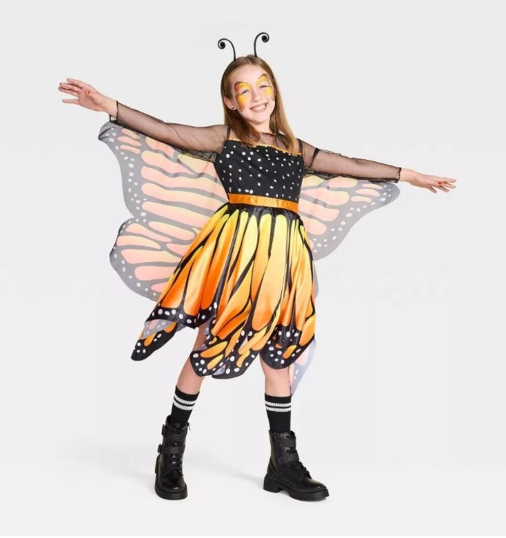 Kids Size S (6-7) Glows w/ Blacklight Monarch Butterfly Costume Dress Halloween